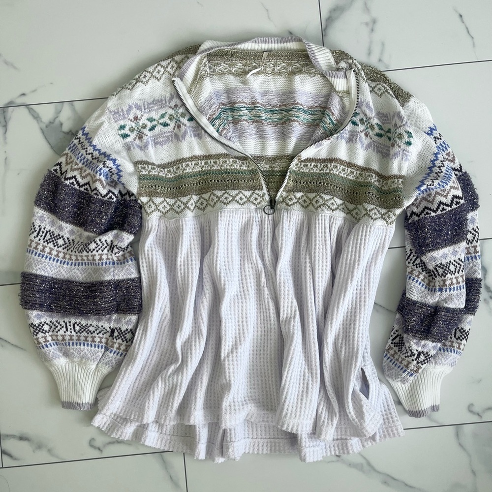 Free People Patterned Knit Quarter Zip-Up Sweater